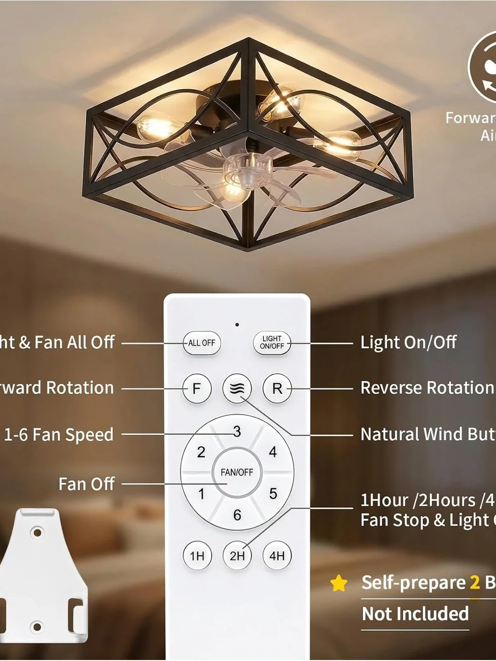 Black Modern Decorative Flush Mount Lantern Ceiling Light with Remote